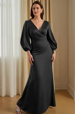 Pinheiro Cetim Sereia V-Neck Long Mãe do Vestido da Noiva com Mangas