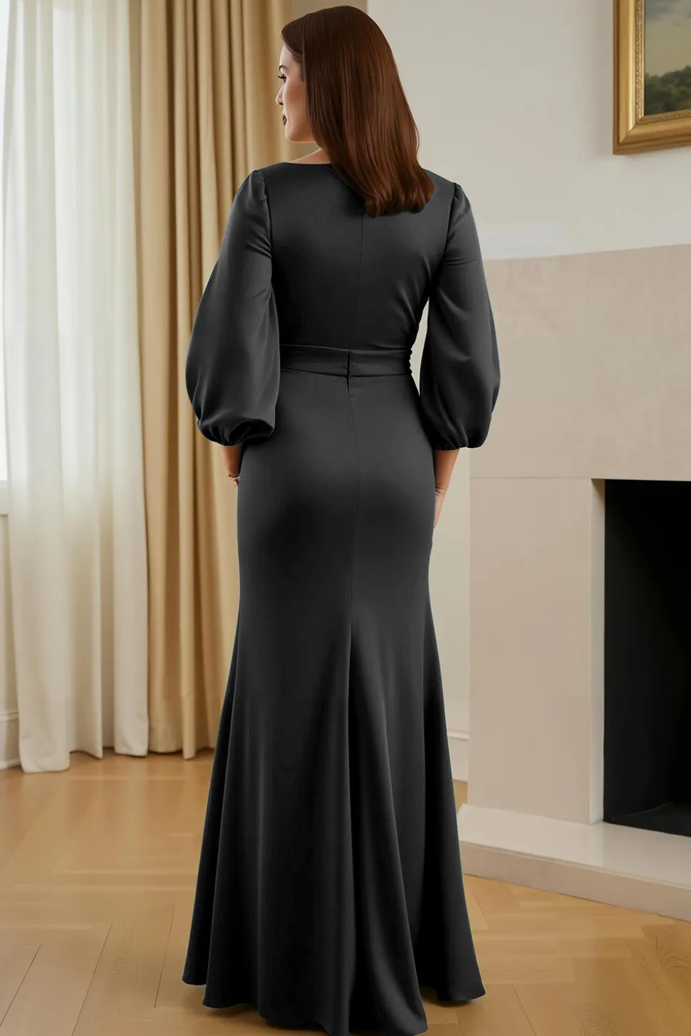 Pinheiro Cetim Sereia V-Neck Long Mãe do Vestido da Noiva com Mangas