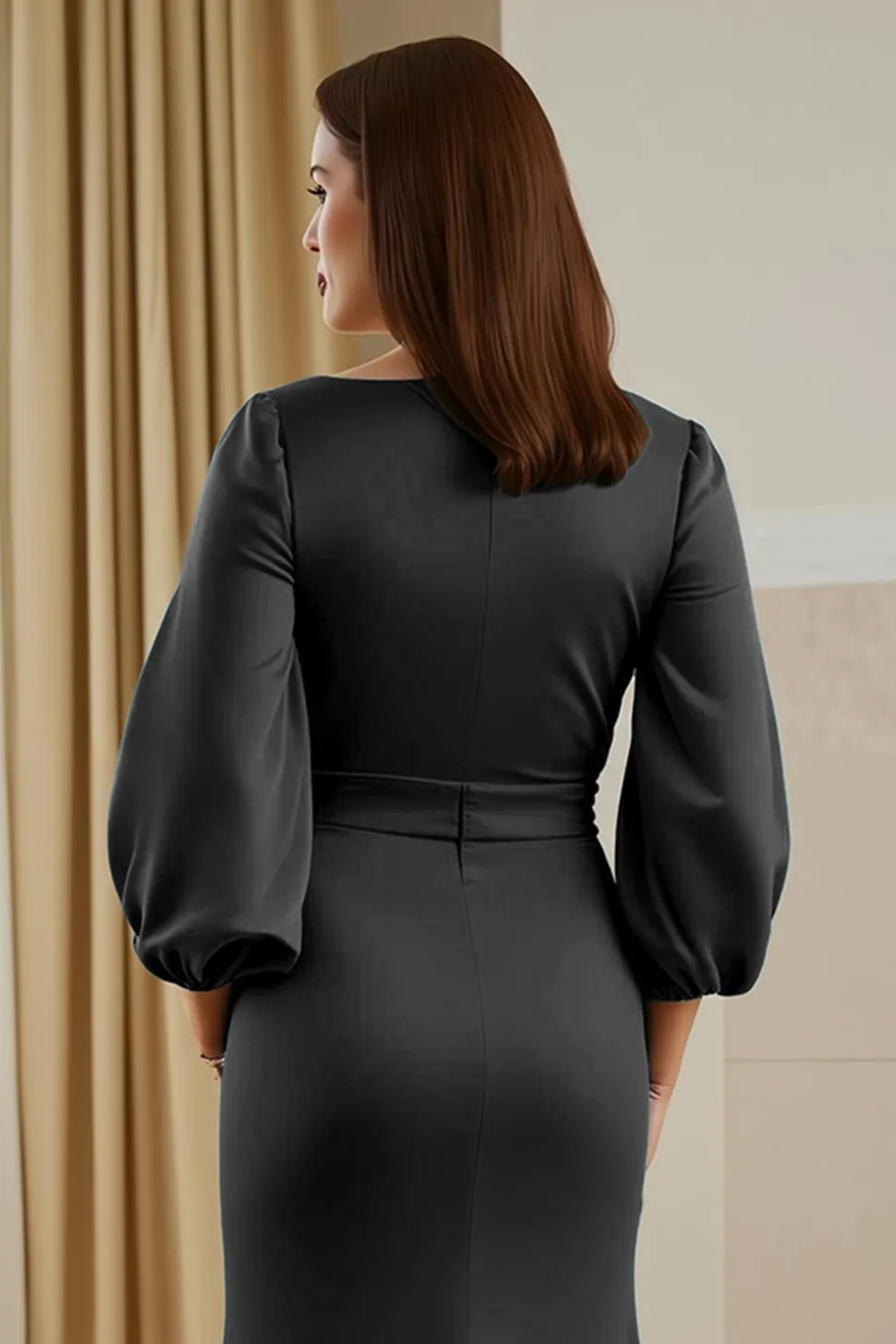 Pinheiro Cetim Sereia V-Neck Long Mãe do Vestido da Noiva com Mangas
