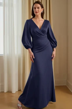 Pinheiro Cetim Sereia V-Neck Long Mãe do Vestido da Noiva com Mangas
