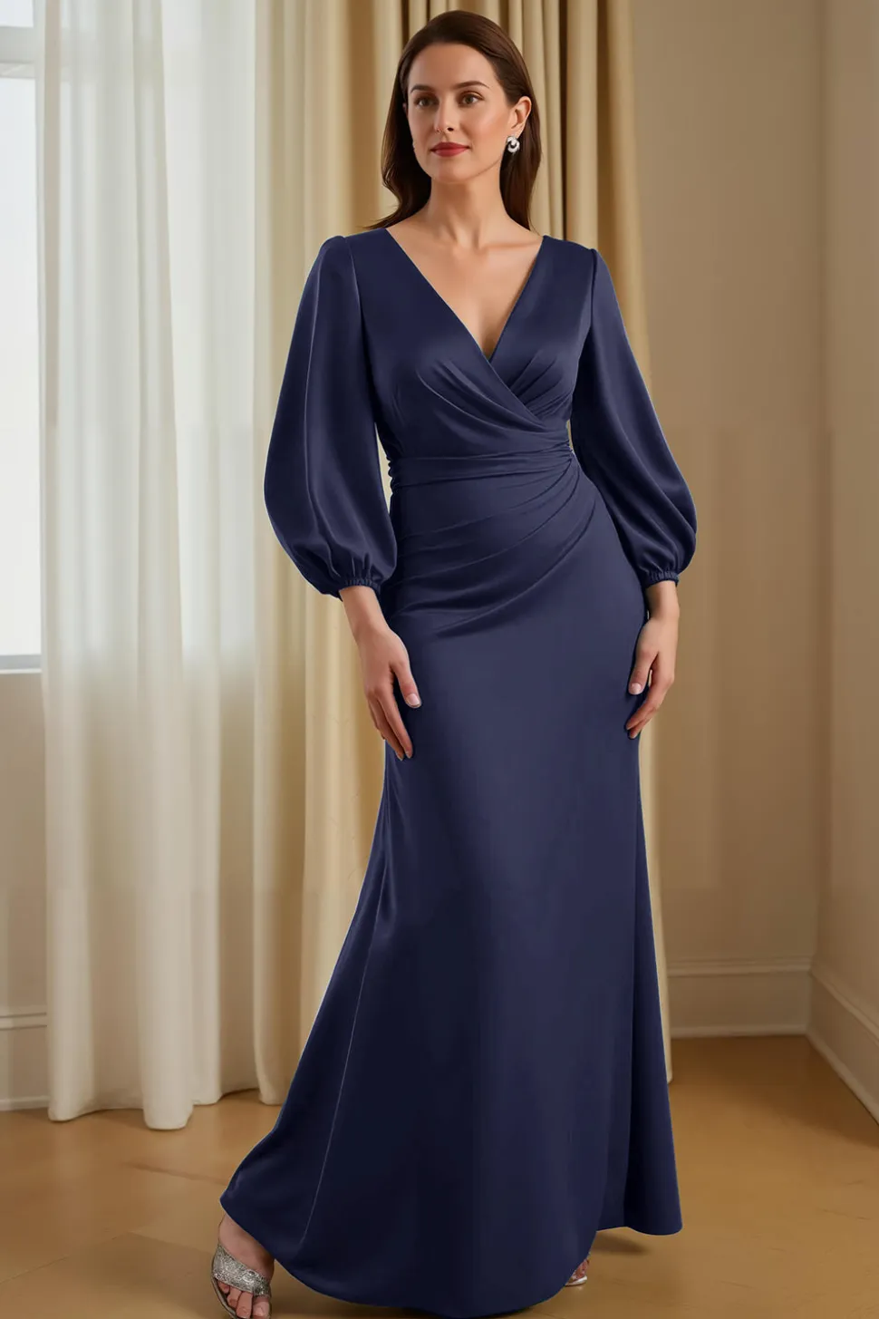 Pinheiro Cetim Sereia V-Neck Long Mãe do Vestido da Noiva com Mangas