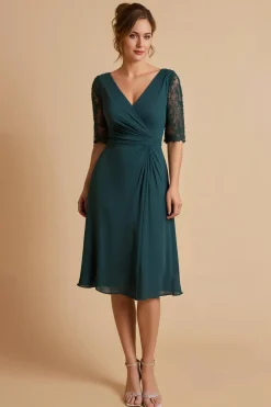 Pinho V Pescoço Chiffon Meia Manga Midi Mãe do Vestido da Noiva