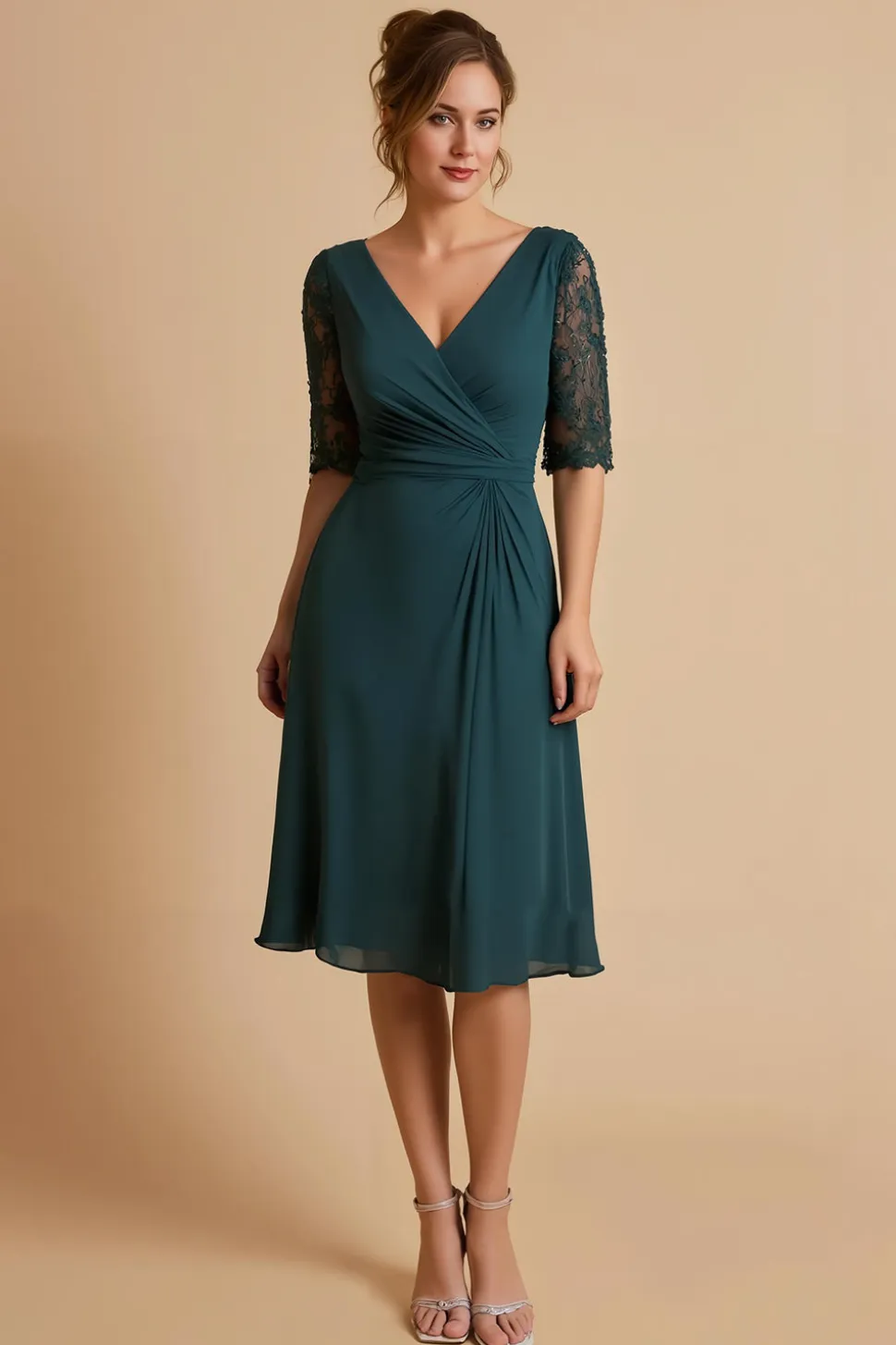 Pinho V Pescoço Chiffon Meia Manga Midi Mãe do Vestido da Noiva