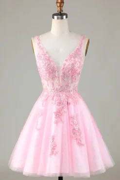 Pink Glitter vestido bonito Homecoming com apliques