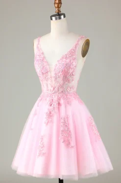 Pink Glitter vestido bonito Homecoming com apliques