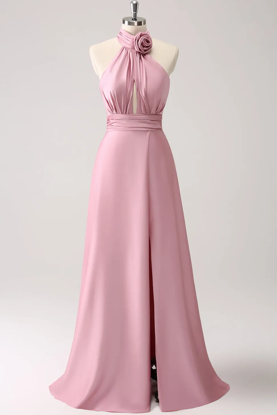 Pink Keyhole A-Line Vestido de Dama de Honra Cetim com Fenda
