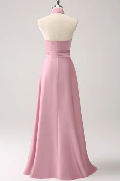 Pink Keyhole A-Line Vestido de Dama de Honra Cetim com Fenda