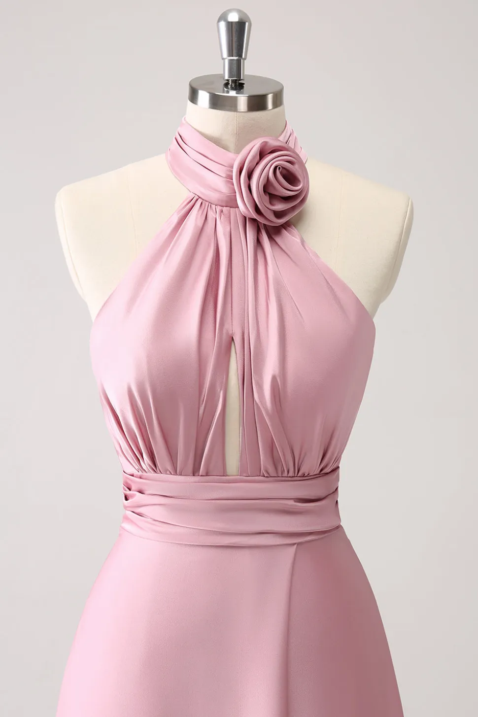 Pink Keyhole A-Line Vestido de Dama de Honra Cetim com Fenda
