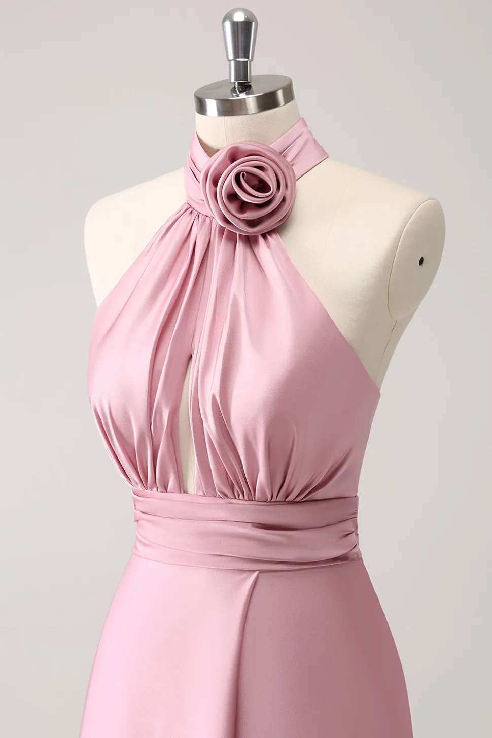 Pink Keyhole A-Line Vestido de Dama de Honra Cetim com Fenda