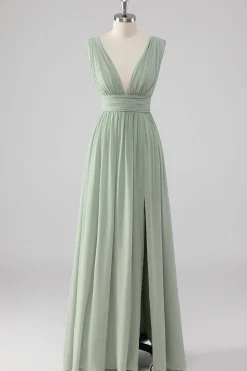 Plissado Chiffon V pescoço longo sábio vestido verde dama de honra com fenda