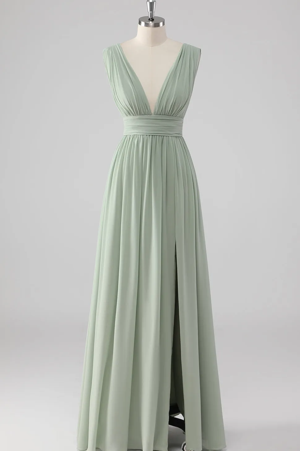 Plissado Chiffon V pescoço longo sábio vestido verde dama de honra com fenda