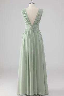 Plissado Chiffon V pescoço longo sábio vestido verde dama de honra com fenda