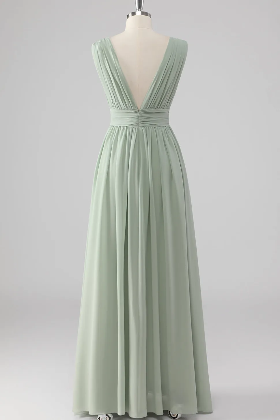 Plissado Chiffon V pescoço longo sábio vestido verde dama de honra com fenda