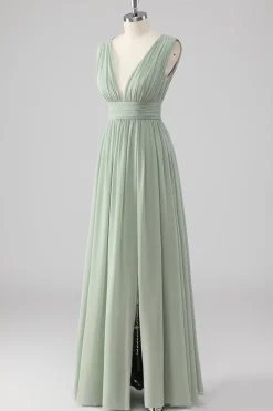 Plissado Chiffon V pescoço longo sábio vestido verde dama de honra com fenda