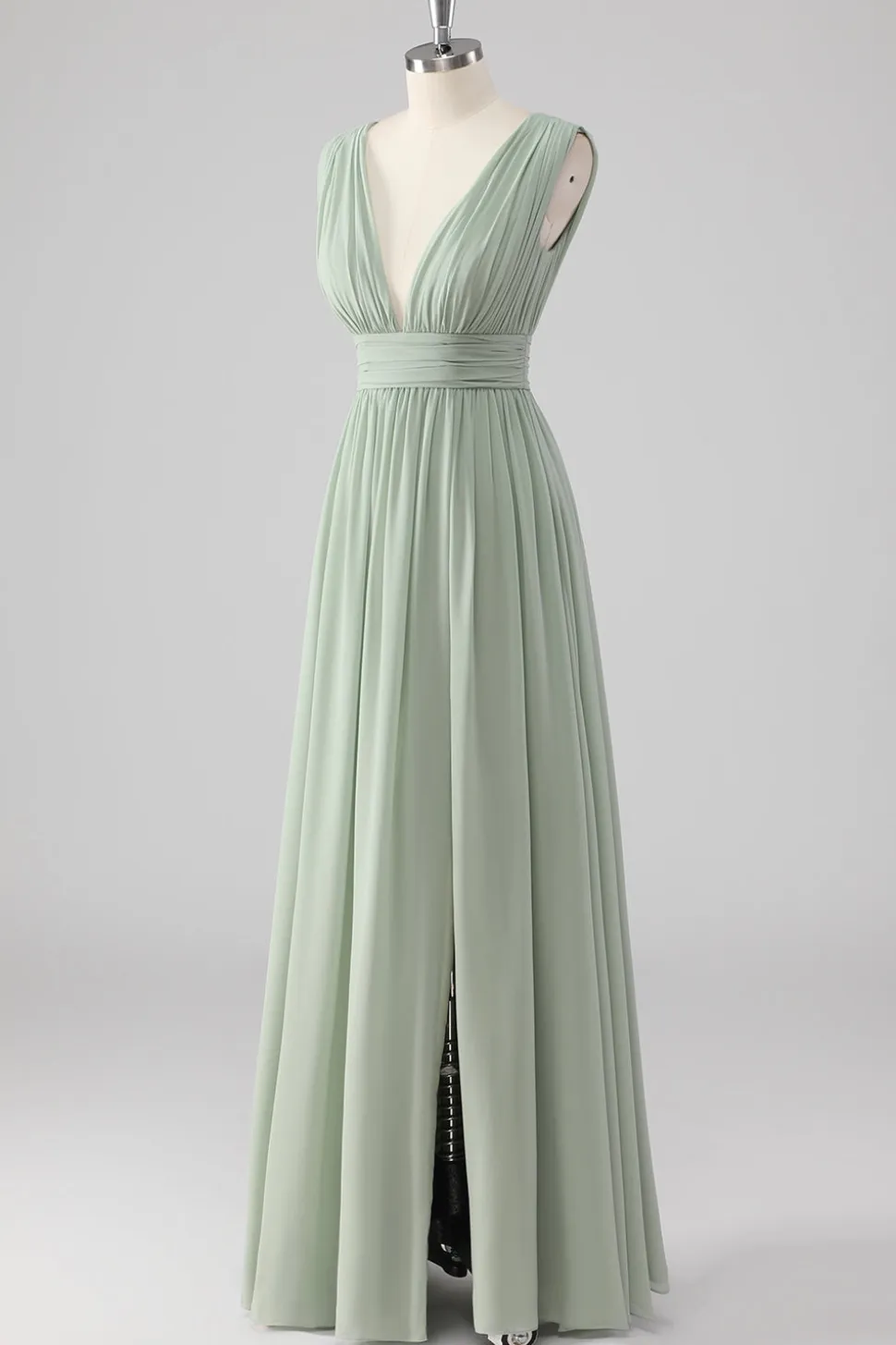 Plissado Chiffon V pescoço longo sábio vestido verde dama de honra com fenda