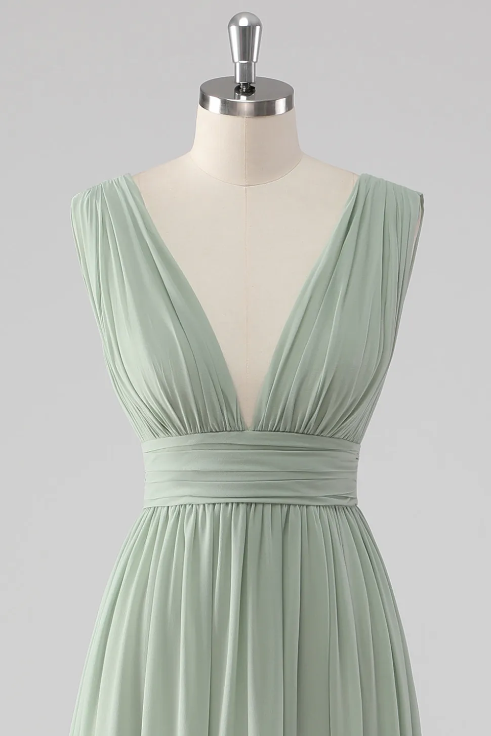 Plissado Chiffon V pescoço longo sábio vestido verde dama de honra com fenda