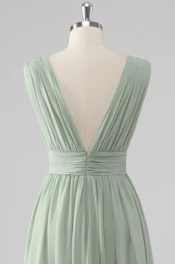 Plissado Chiffon V pescoço longo sábio vestido verde dama de honra com fenda