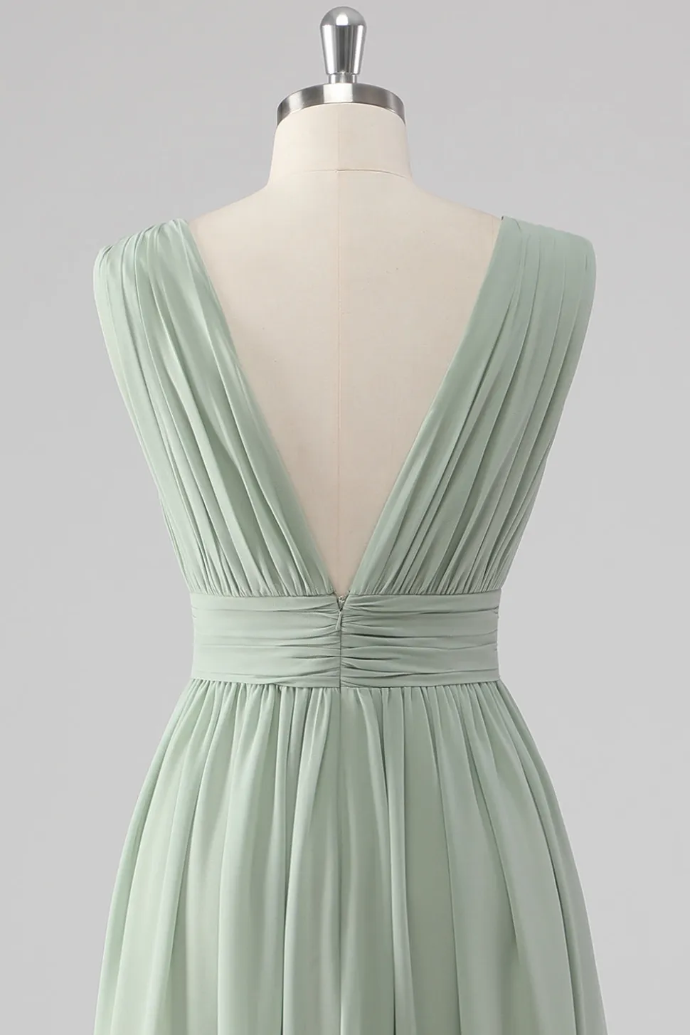 Plissado Chiffon V pescoço longo sábio vestido verde dama de honra com fenda
