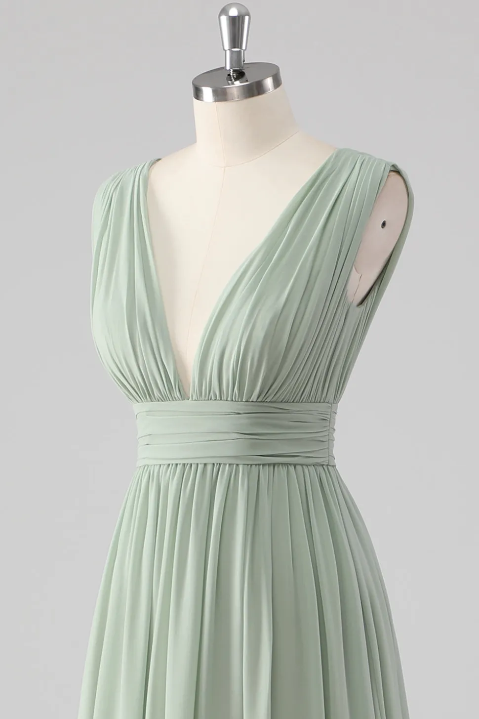 Plissado Chiffon V pescoço longo sábio vestido verde dama de honra com fenda