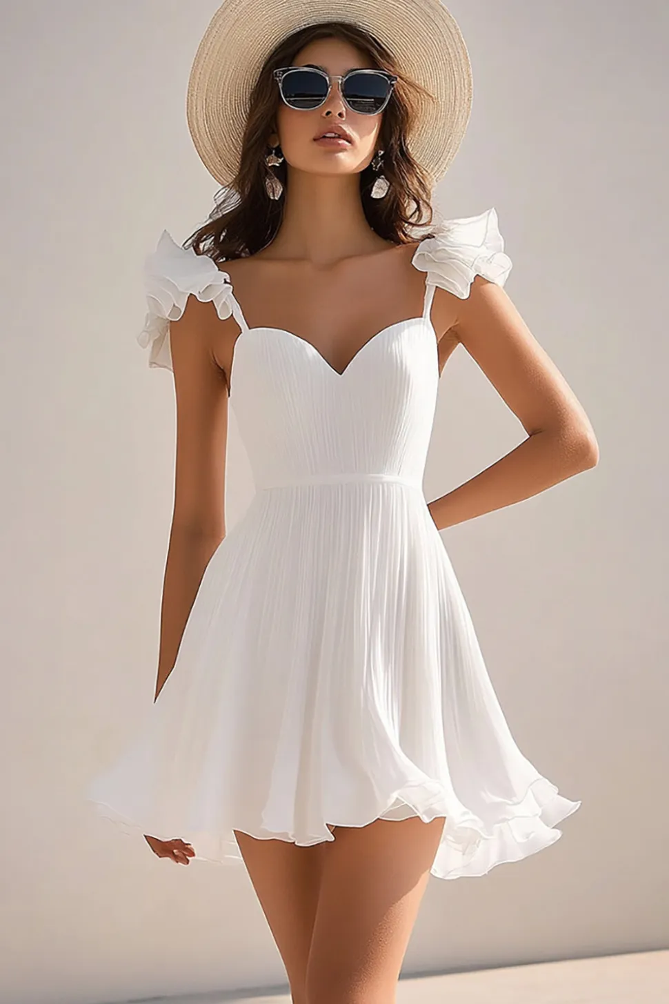 Plissado Linha-A Decote Em Coração Mini Vestidinho Branco
