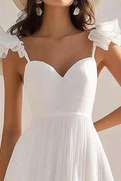 Plissado Linha-A Decote Em Coração Mini Vestidinho Branco