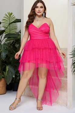 Plus Size Sparkly Fuchsia vestido de baile em camadas