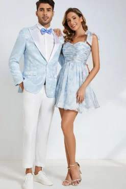 Popular A Line Spaghetti Correias Azul Estampado Vestido Curto Homecoming