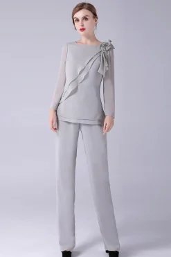 Prata 2 Peças Chiffon Mãe da Noiva Pant Suits