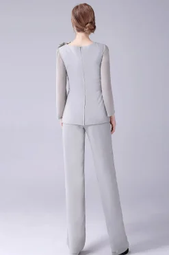 Prata 2 Peças Chiffon Mãe da Noiva Pant Suits