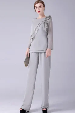 Prata 2 Peças Chiffon Mãe da Noiva Pant Suits