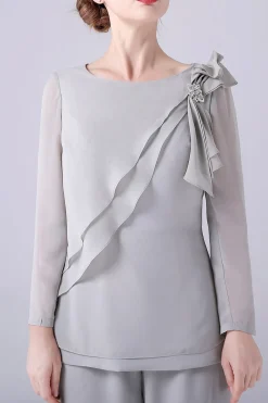Prata 2 Peças Chiffon Mãe da Noiva Pant Suits