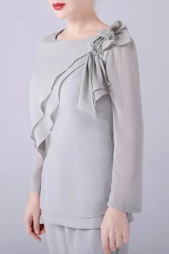 Prata 2 Peças Chiffon Mãe da Noiva Pant Suits