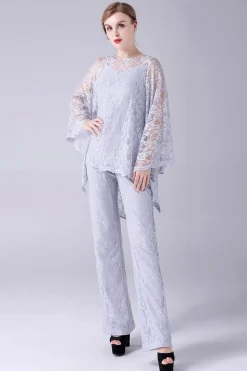 Prata 3 Peças Mangas Longas Mãe da Noiva Pant Suits