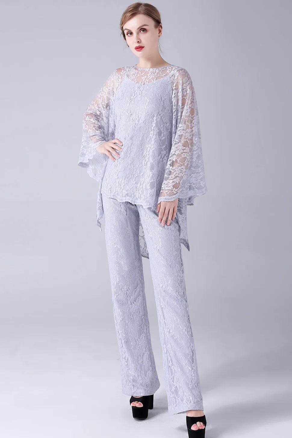 Prata 3 Peças Mangas Longas Mãe da Noiva Pant Suits