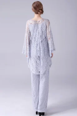 Prata 3 Peças Mangas Longas Mãe da Noiva Pant Suits