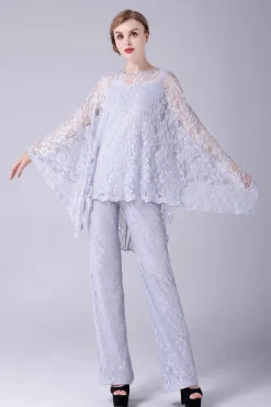 Prata 3 Peças Mangas Longas Mãe da Noiva Pant Suits