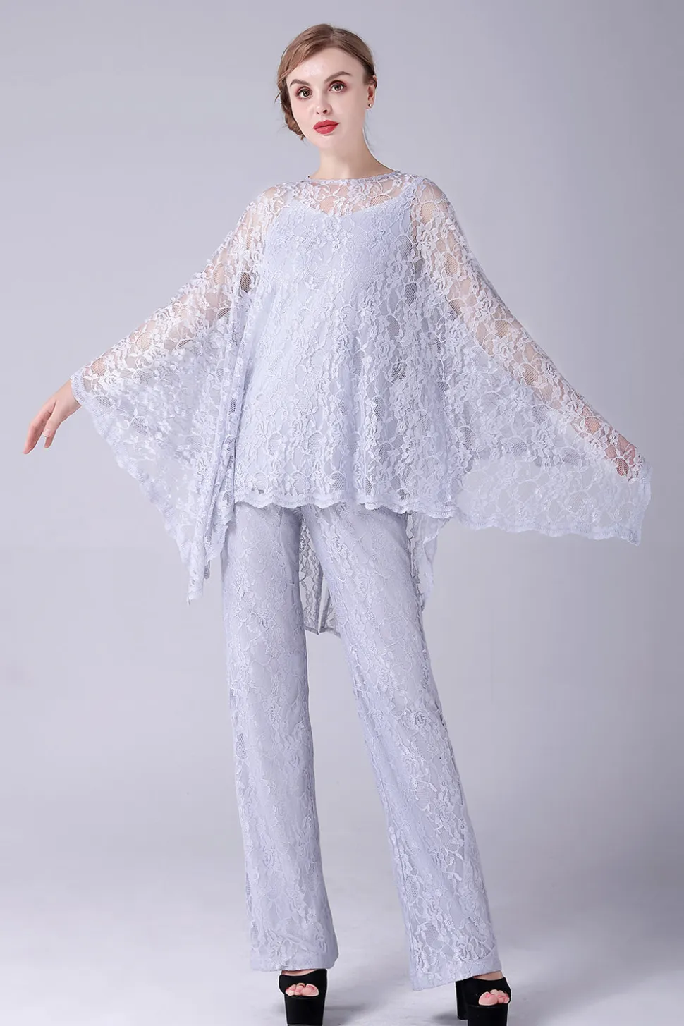 Prata 3 Peças Mangas Longas Mãe da Noiva Pant Suits