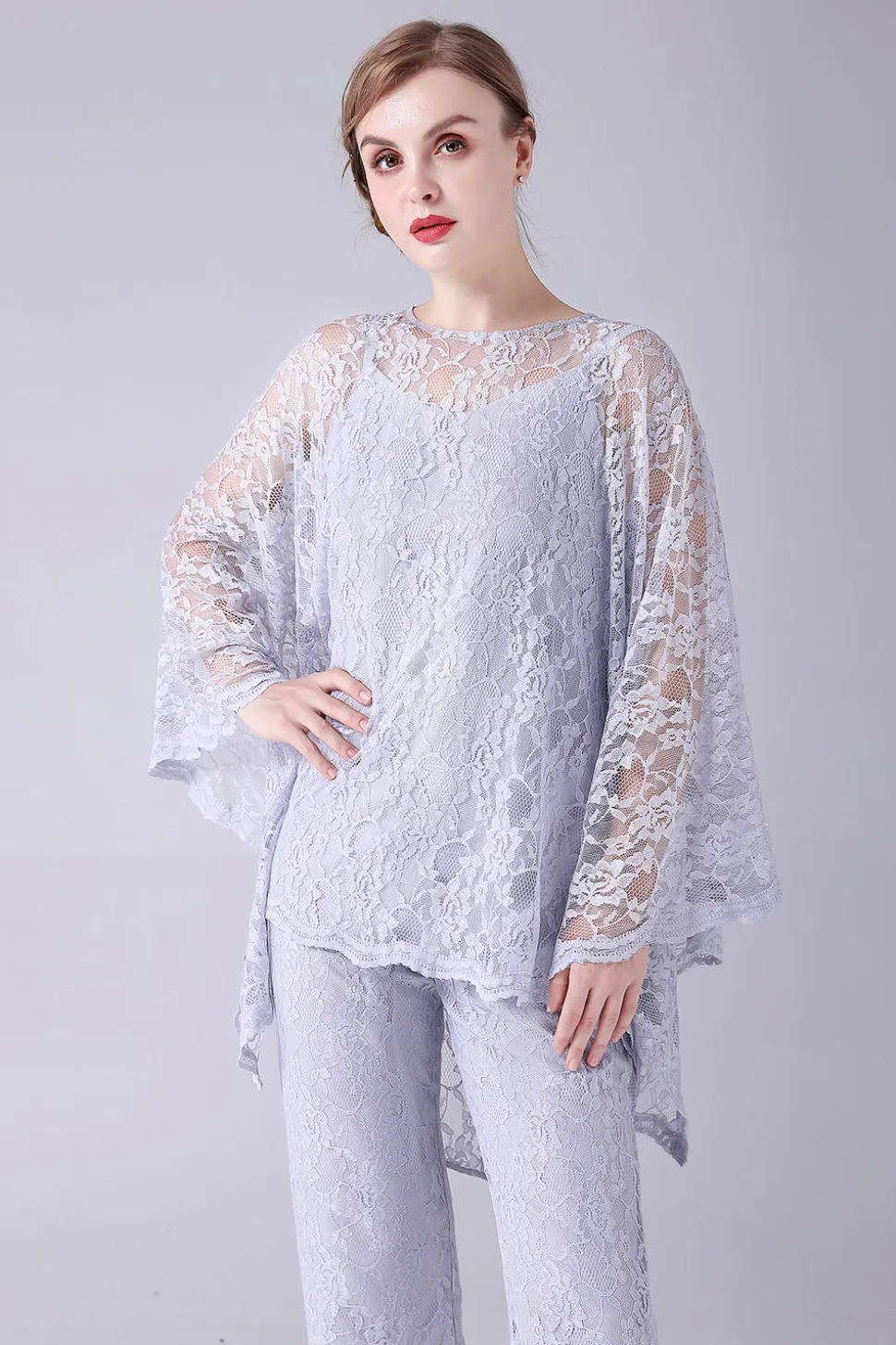 Prata 3 Peças Mangas Longas Mãe da Noiva Pant Suits