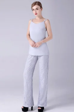 Prata 3 Peças Mangas Longas Mãe da Noiva Pant Suits