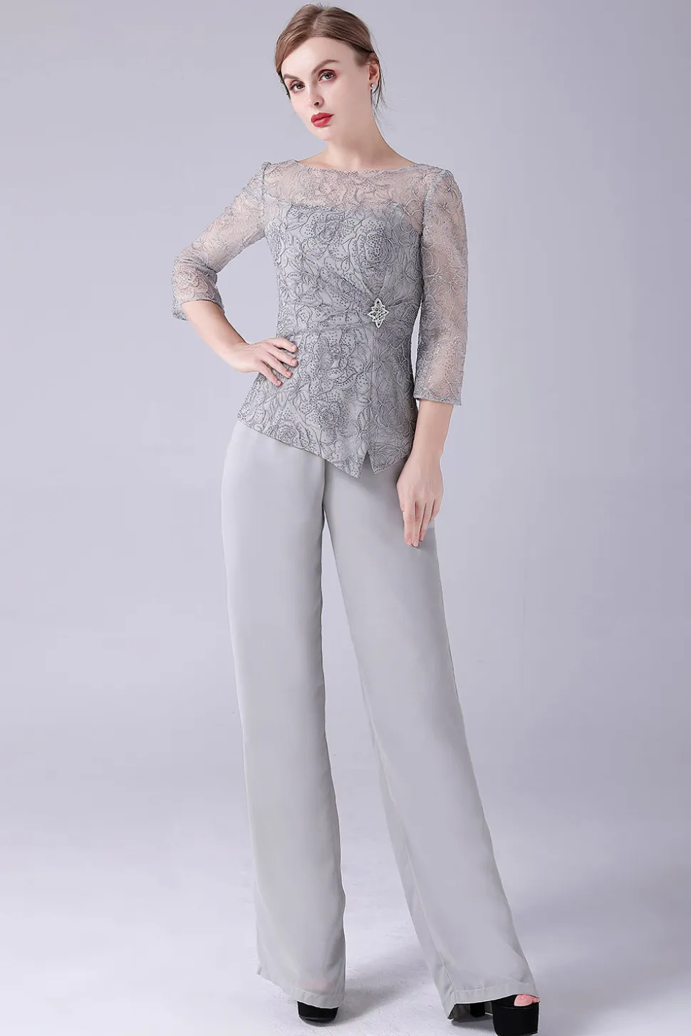 Prata 2 Peças Slim Elegant Mother of the Bride Pant Suits