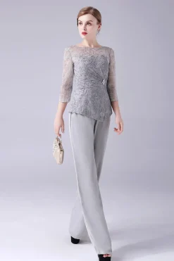 Prata 2 Peças Slim Elegant Mother of the Bride Pant Suits