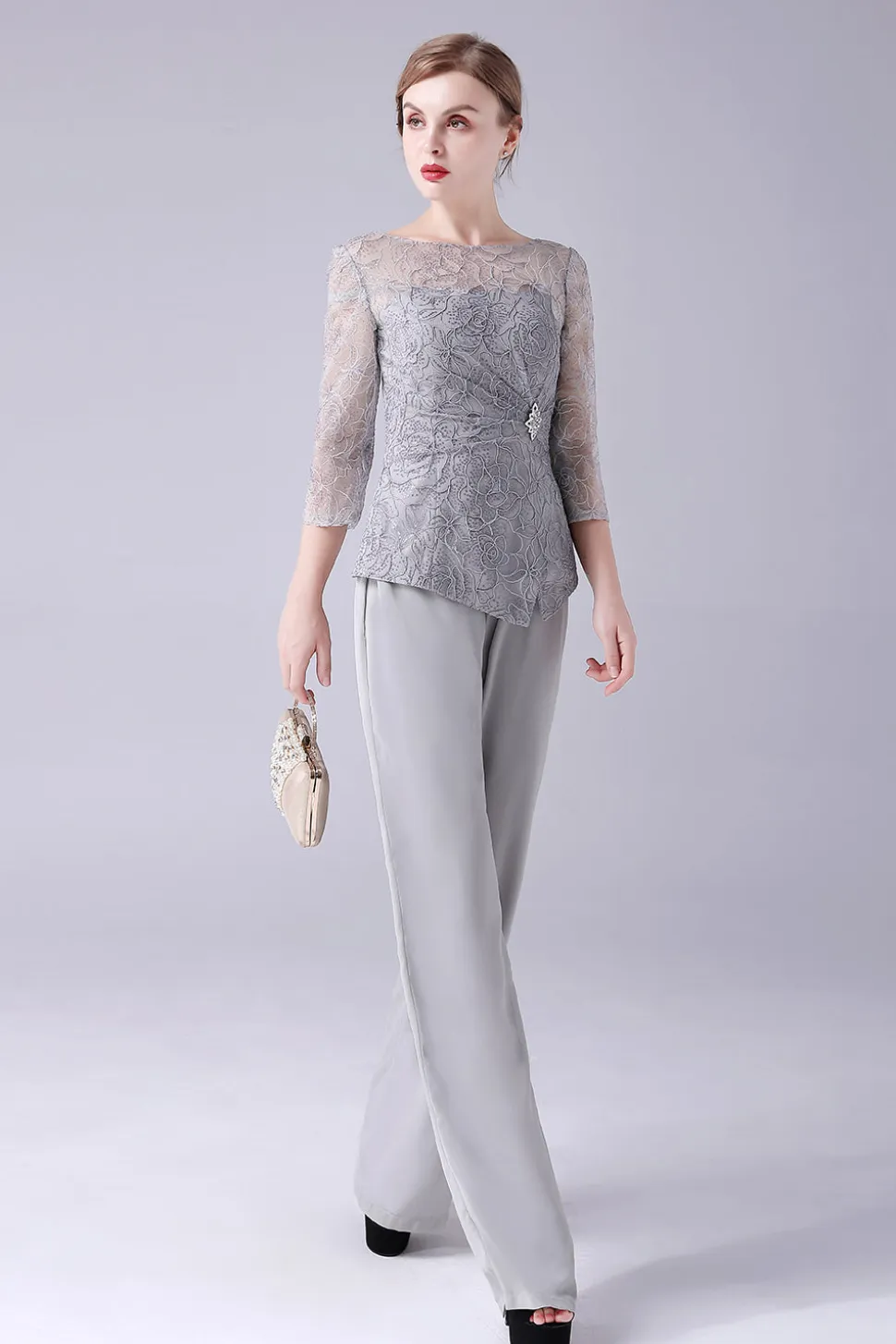 Prata 2 Peças Slim Elegant Mother of the Bride Pant Suits