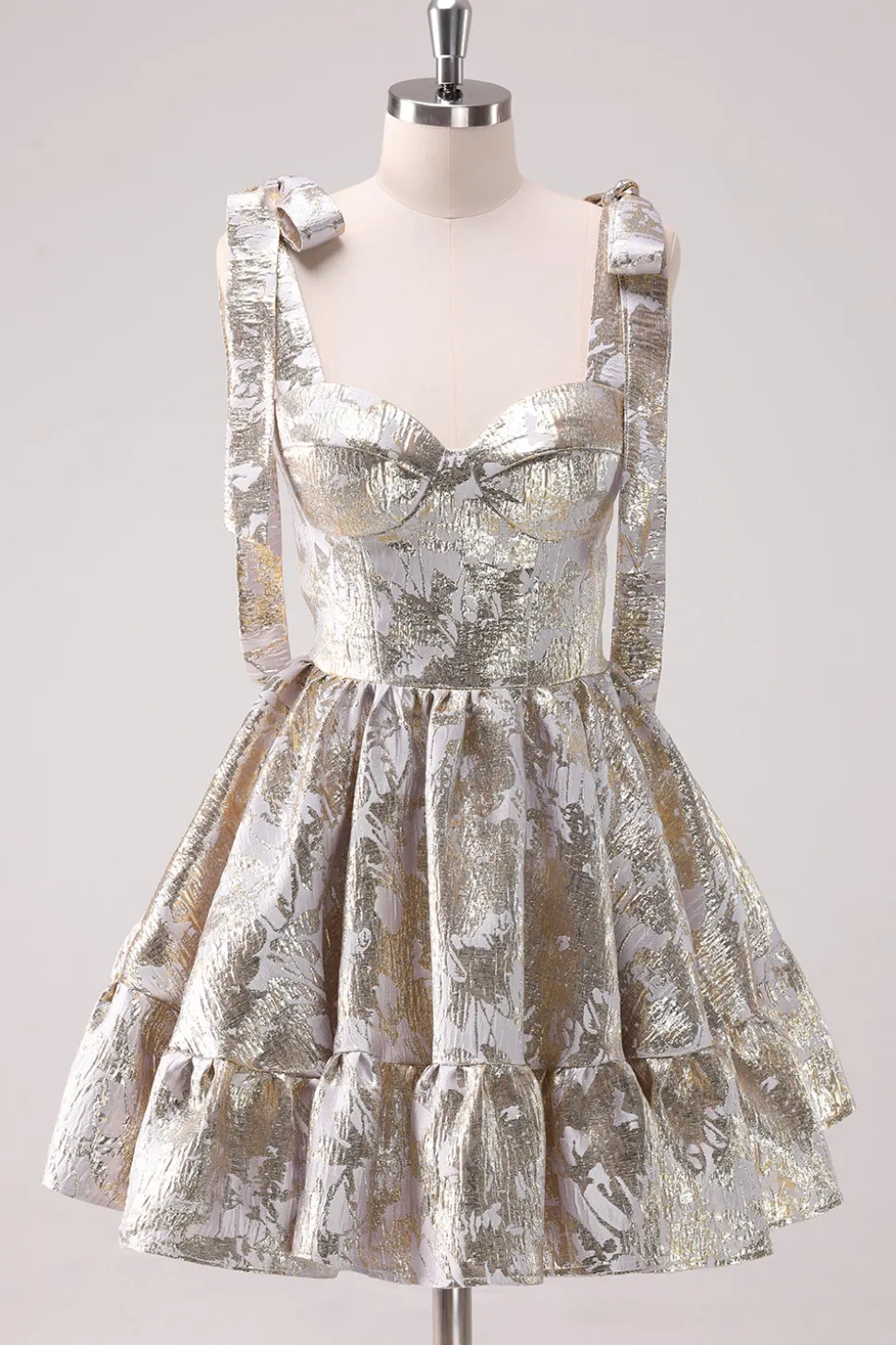 Prata Ajustável Correias A-Line Short Metallic Homecoming Dress com Folhos
