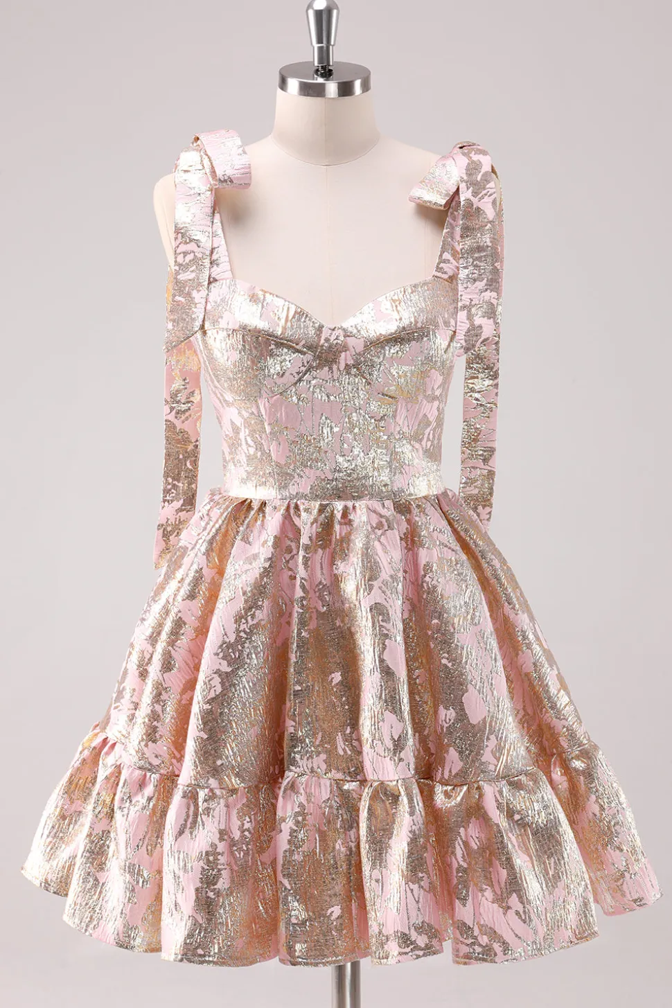 Prata Ajustável Correias A-Line Short Metallic Homecoming Dress com Folhos