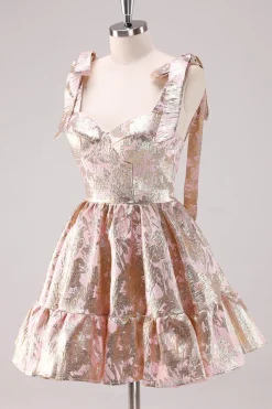 Prata Ajustável Correias A-Line Short Metallic Homecoming Dress com Folhos