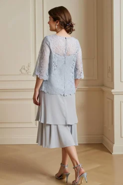Prata A-Line Tiered Chiffon Lace Coat 2 Peça Mãe do Vestido da Noiva
