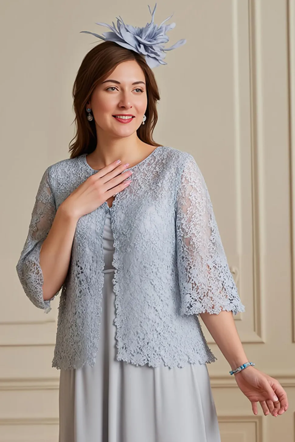 Prata A-Line Tiered Chiffon Lace Coat 2 Peça Mãe do Vestido da Noiva
