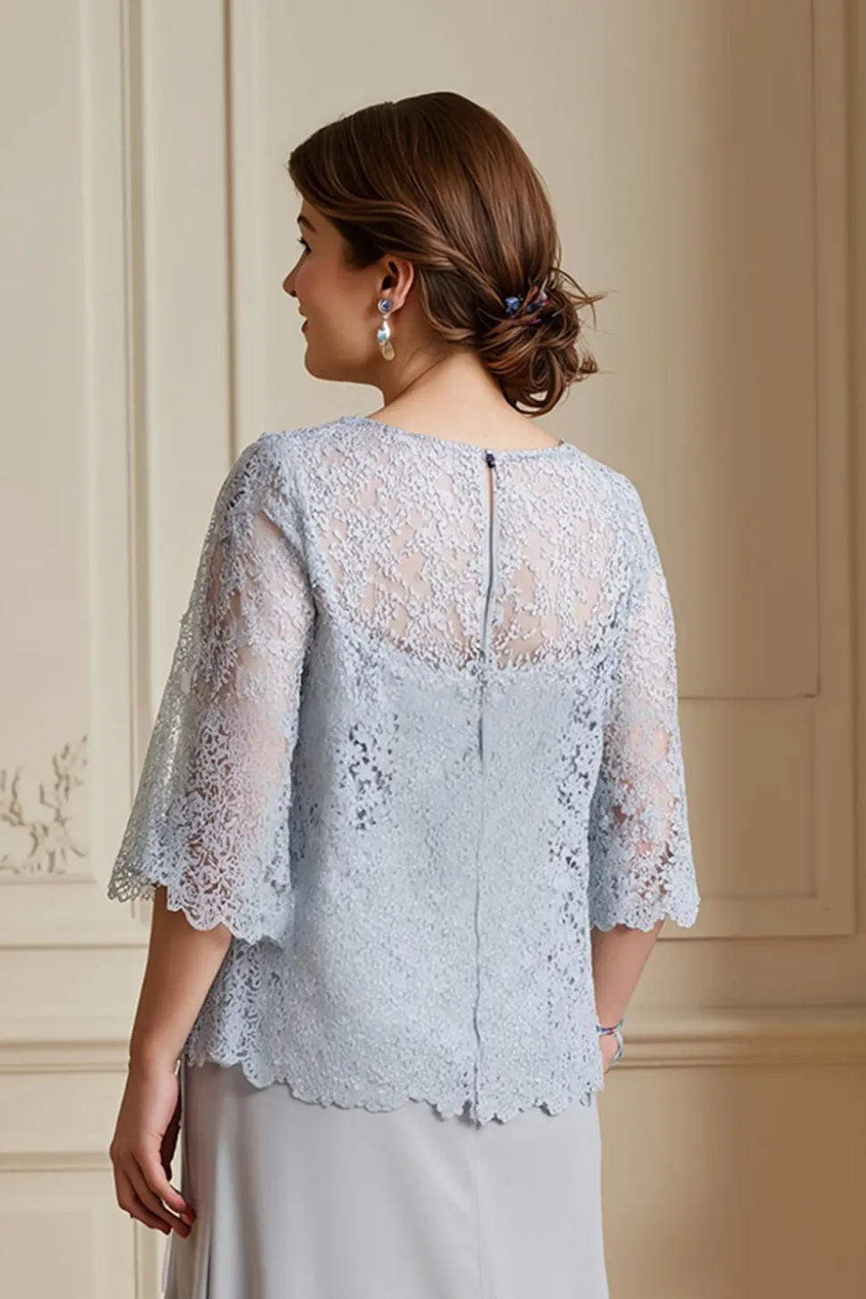 Prata A-Line Tiered Chiffon Lace Coat 2 Peça Mãe do Vestido da Noiva