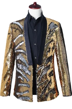 Prata Brilhante e Xale Dourado Lapela Masculino Prom Blazer com Sequins