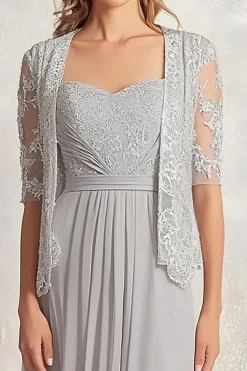 Prata Chiffon Lace Appliques Ruched 2-piece Pescoço Quadrado Uma Linha Mãe do Vestido da Noiva